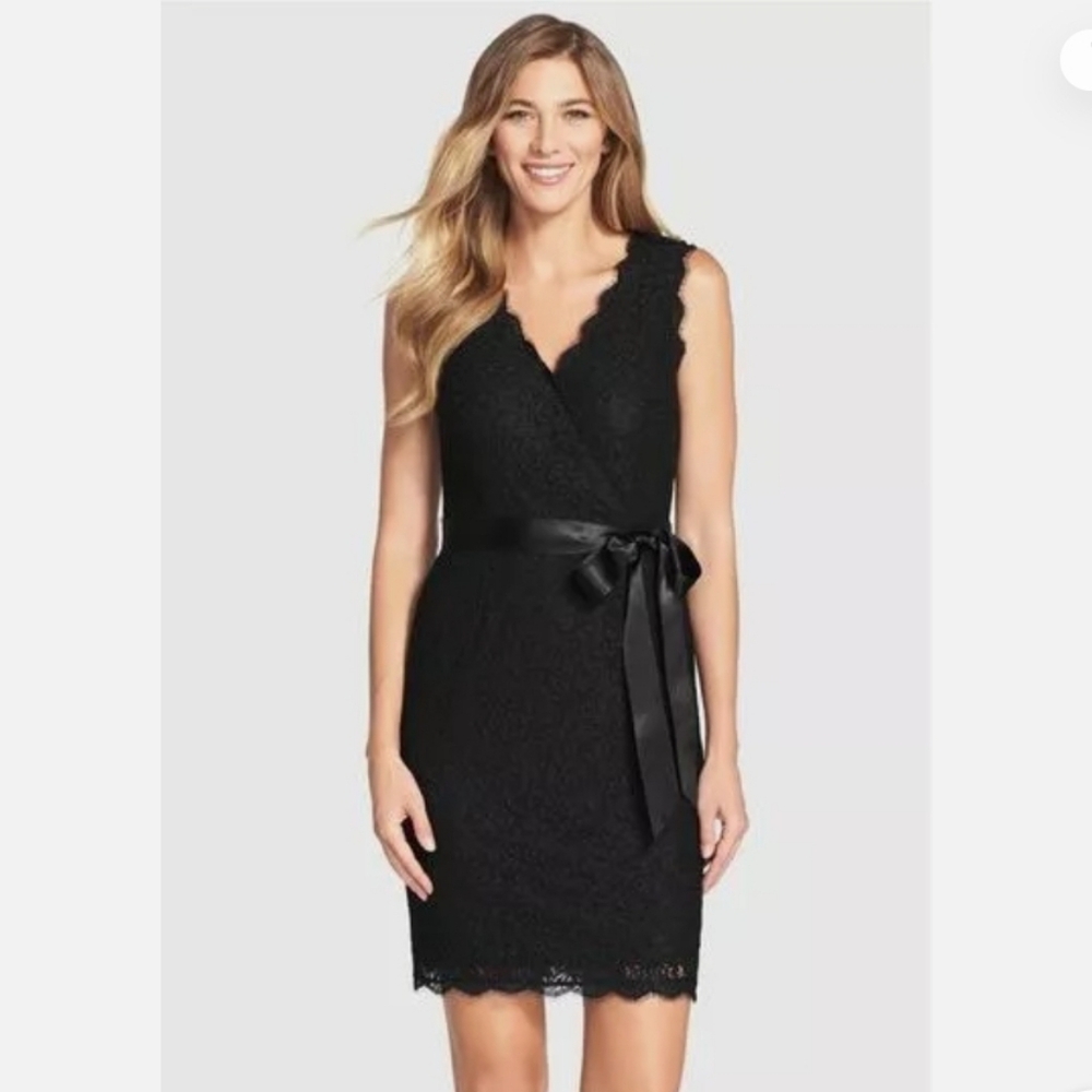 Adrianna Papell Sleeveless Faux Wrap Front Lace Black dress
